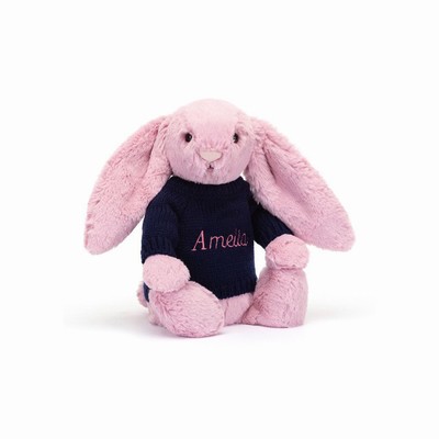 Jellycat Bashful Tulip Pink Bunny with Navy Jumper New Zealand | THVYZ6950